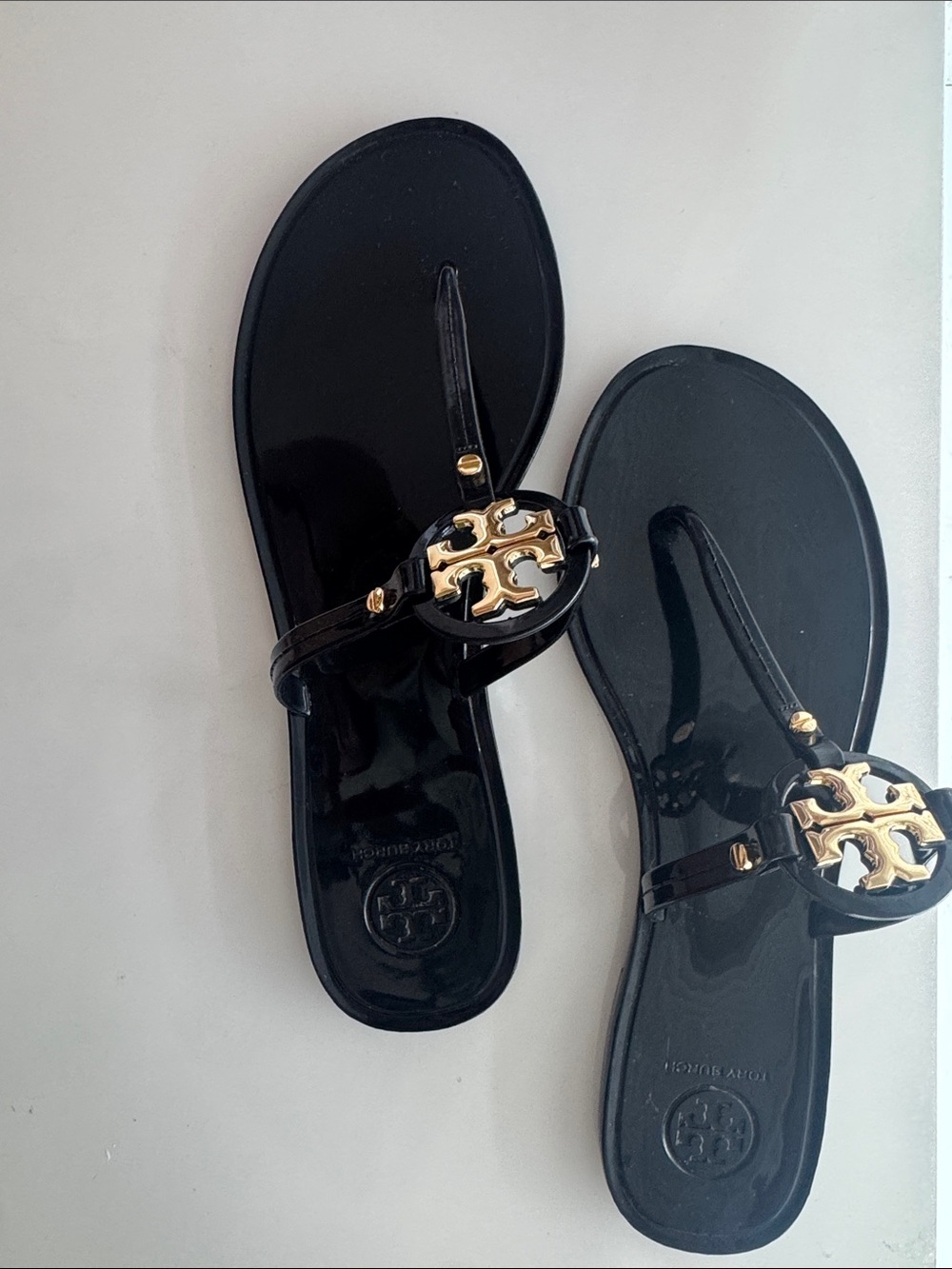 Tory Burch Black Patent Logo Thong Sandals with Gold Medallions